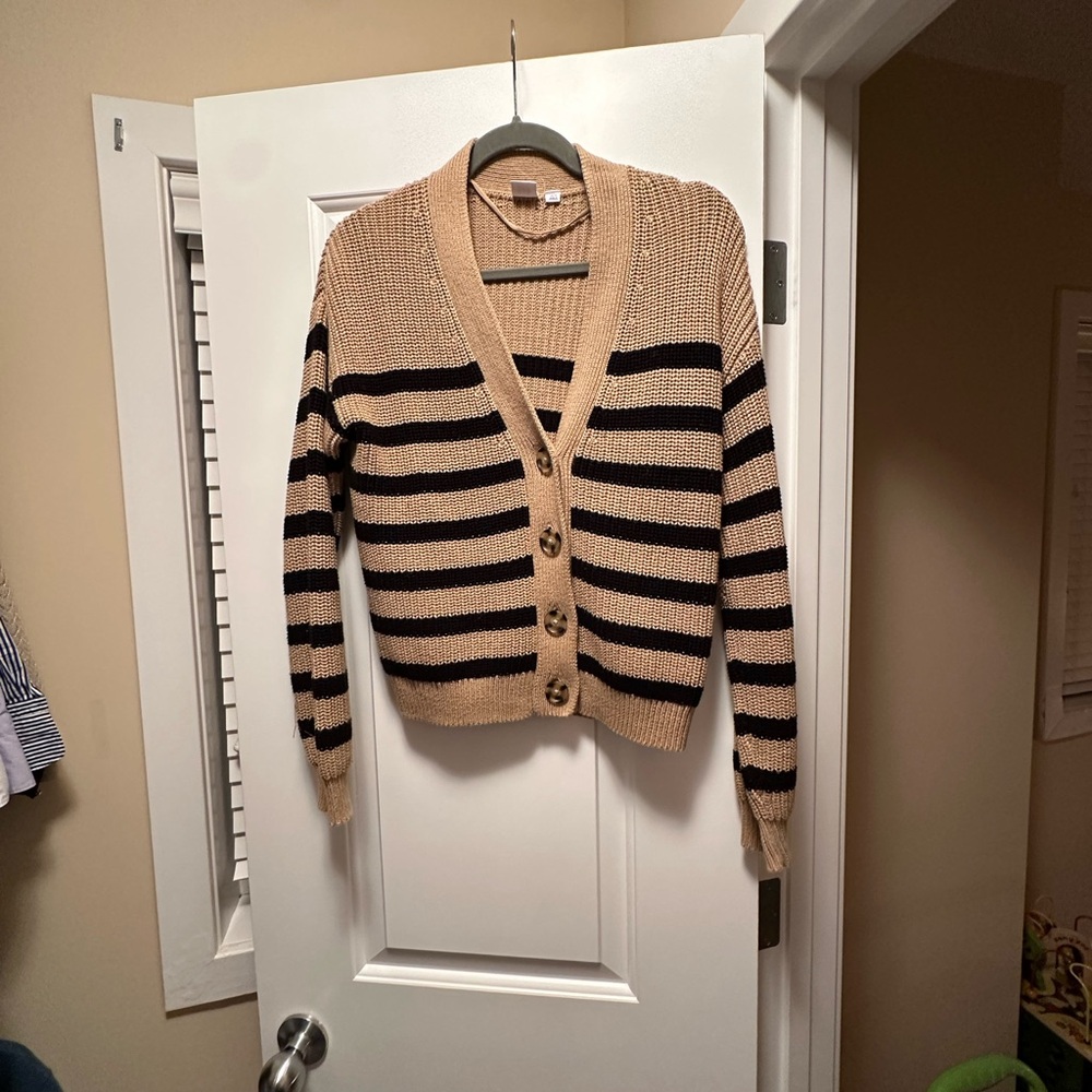 GAP cotton tan striped cardigan.